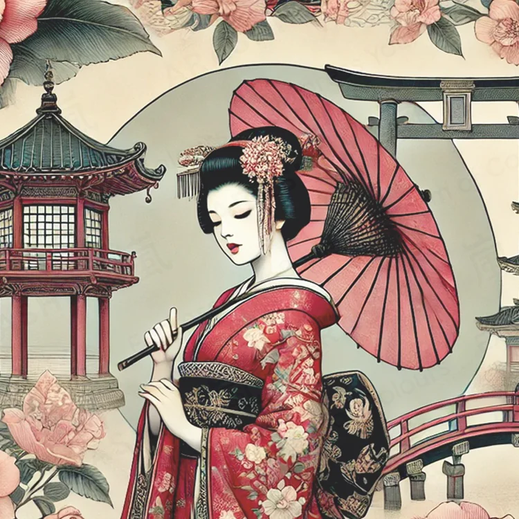 GeishaWhisper – japońska gejsza w czerwonym kimonie z parasolką, kwiatami i architekturą Kyoto, ilustracja w stylu ARASHI