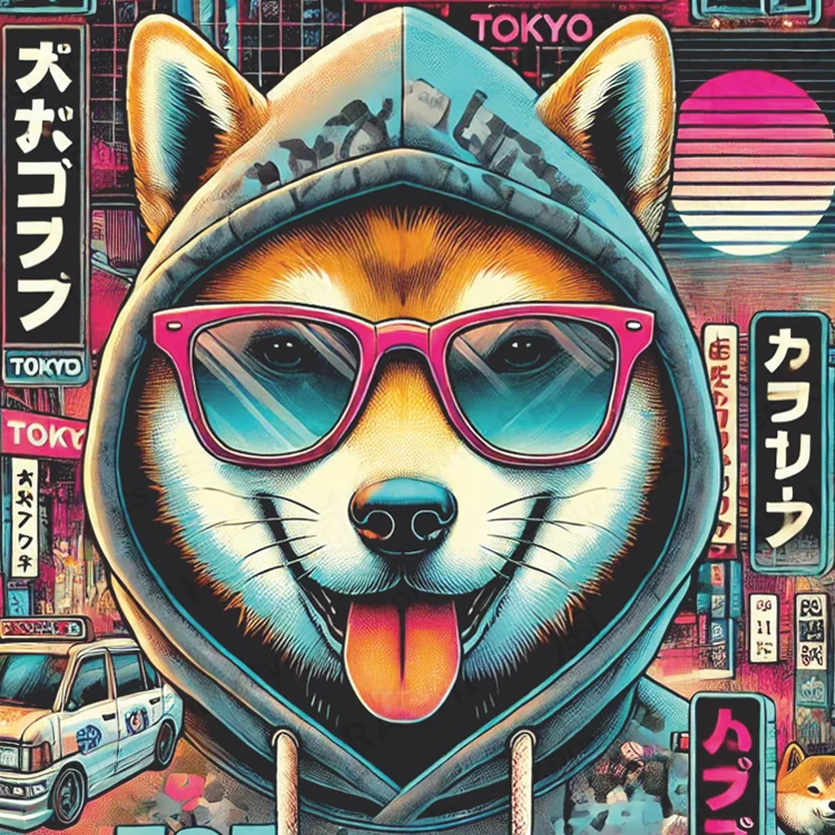 Bandana ARASHI TokyoShiba – Shiba Inu w hoodie na tle neonów Tokio