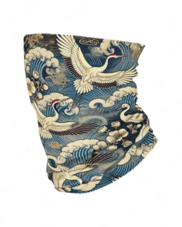 Komin wielofunkcyjny ARASHI CraneFlight z żurawiami na tle fal w stylu japońskiej grafiki ukiyo-e