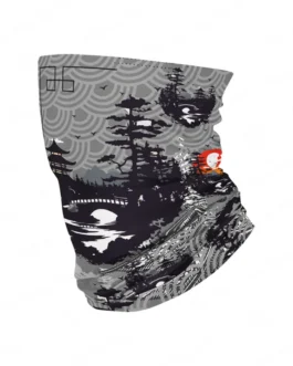 Komin wielofunkcyjny ARASHI KyotoSunrise z japońską świątynią, falami i czerwonym słońcem w stylu zen