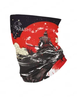 Komin wielofunkcyjny ARASHI SamuraiPath z motywem samuraja na tle czerwonego słońca, styl japoński streetwear