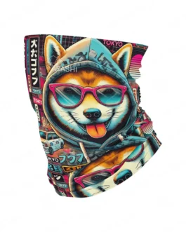 Komin wielofunkcyjny ARASHI TokyoShiba z psem shiba inu w okularach na tle neonowego Tokio