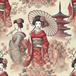 Tradycyjne japońskie gejsze w czerwonych kimonach z parasolami, otoczone kwiatami wiśni.