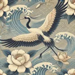 Japoński żuraw unoszący się nad falami i kwiatami, symbol harmonii i długowieczności.