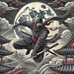 Japoński ninja w dynamicznym ruchu na tle księżyca i tradycyjnej architektury.