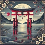 Czerwona brama torii odbijająca się w wodzie, symbol przejścia między światem fizycznym a duchowym.